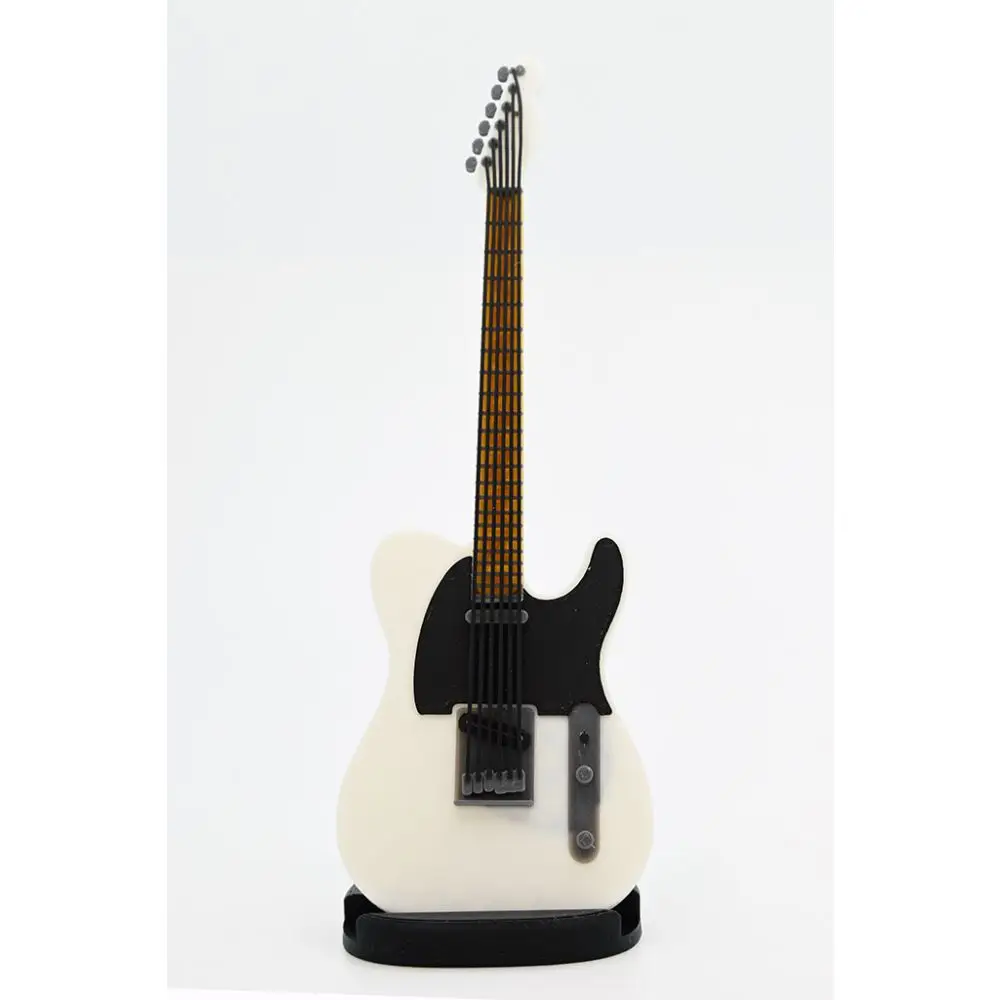 Diyez Müzik Telecaster Kasa Tasarım Elektro Gitar Şeklinde Standlı Biblo – Beyaz/Siyah (Turuncu Perdeli Sap)