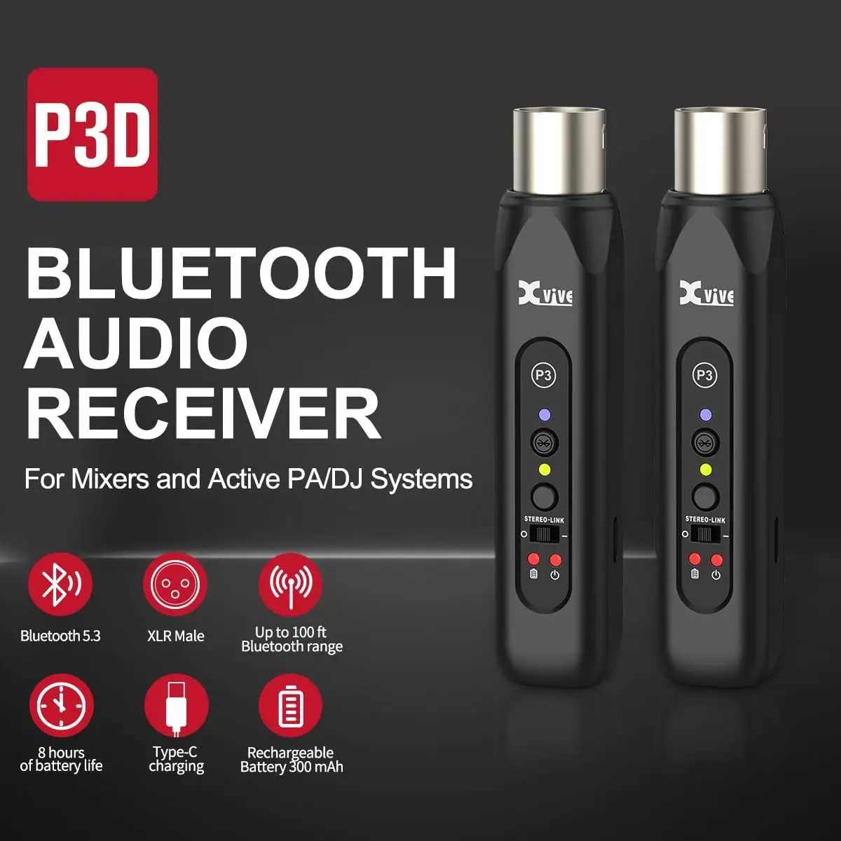 Xvive XV-P3D XLR Bağlantılı Stereo için Çift Bluetooth Adaptörü Xvive XV-P3D XLR Bağlantılı Stereo için Çift Bluetooth Adaptörü