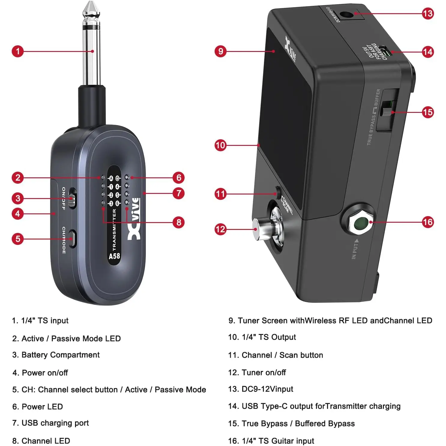Xvive XV-P58 Akort Aletli Receiver Pedallı 5.8GHZ Kablosuz Gitar Bağlantı Sistemi - Siyah Xvive XV-P58 Akort Aletli Receiver Pedallı 5.8GHZ Kablosuz Gitar Bağlantı Sistemi - Siyah