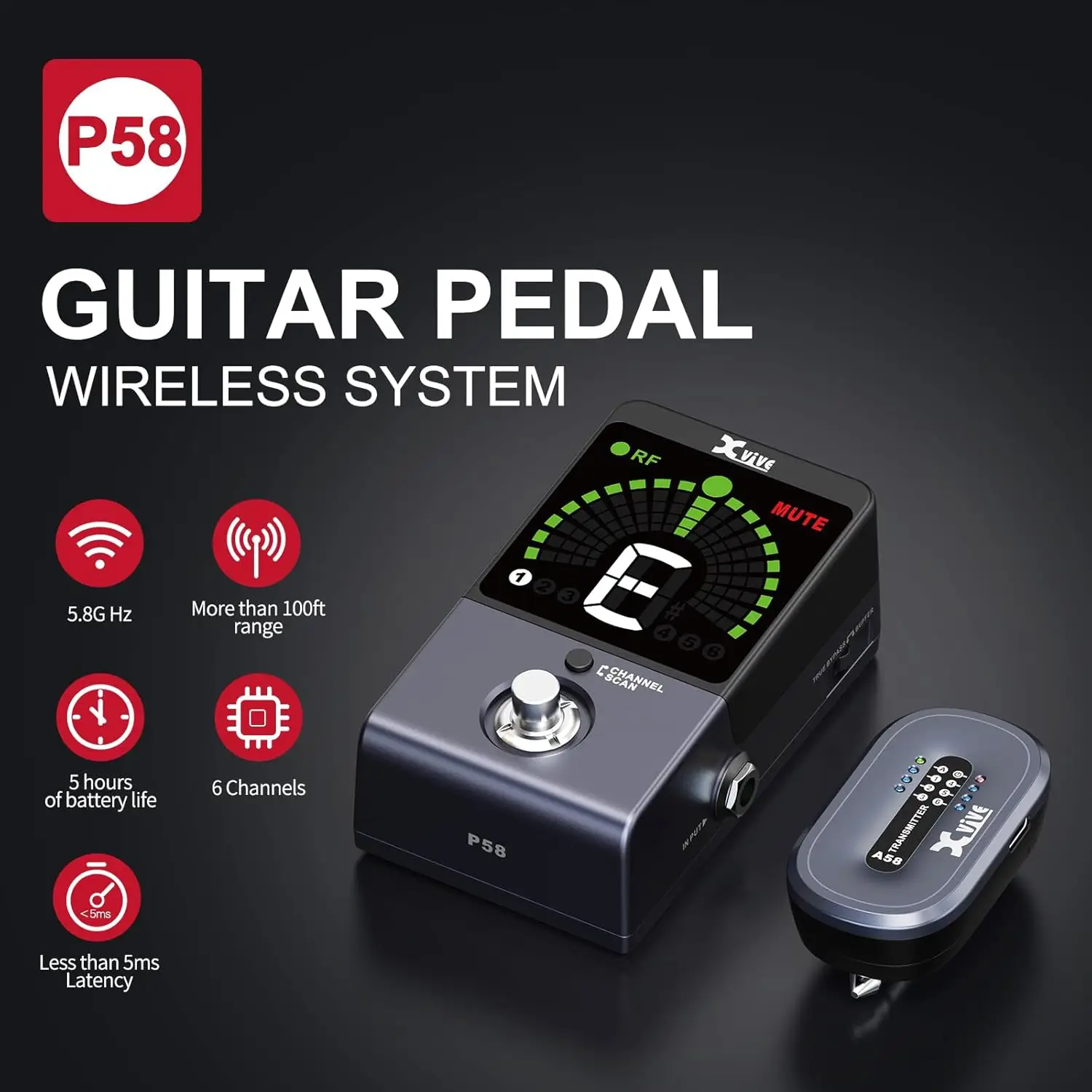 Xvive XV-P58R 5.8Ghz Akort Aletli Receiver Pedal - Siyah Xvive XV-P58R 5.8Ghz Akort Aletli Receiver Pedal - Siyah